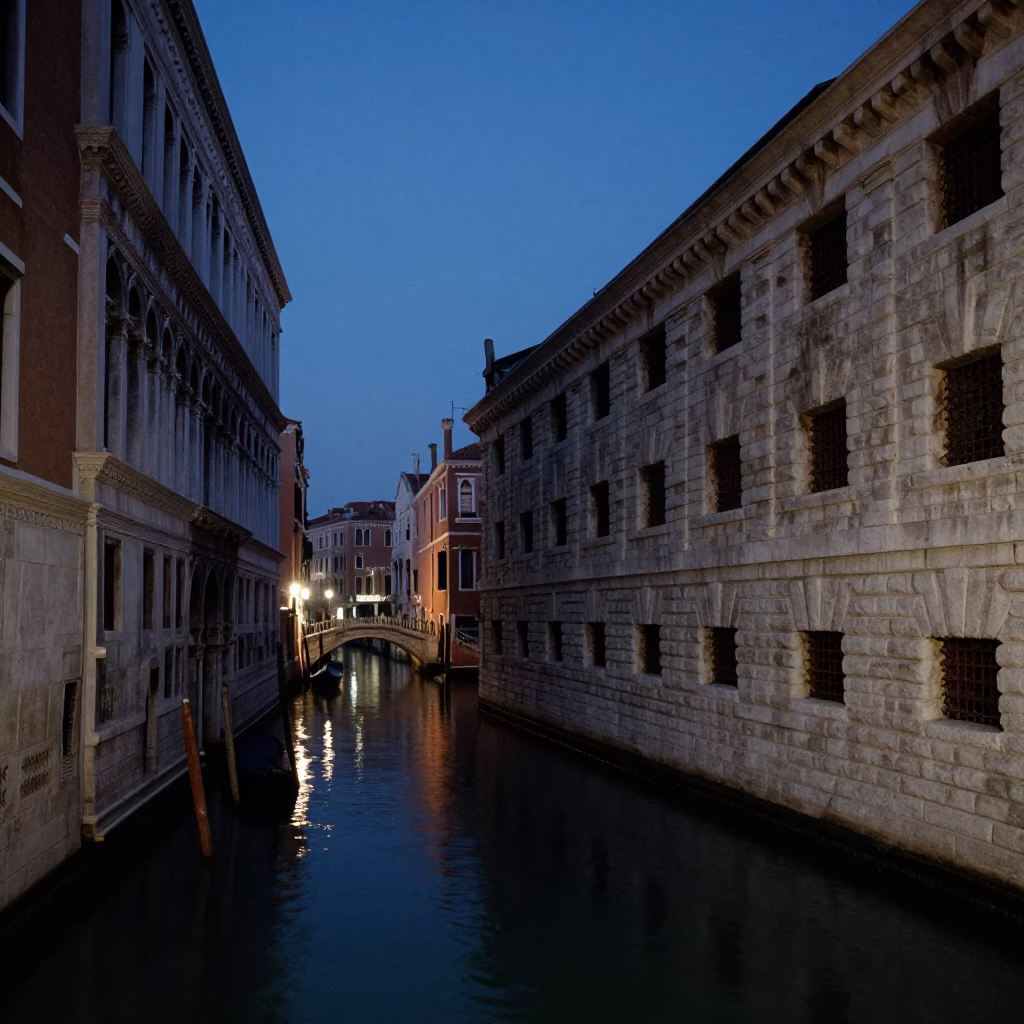 Venice Italy Predawn Canals and Stone Architecture in Early Morning Darkness in in Venice, Italy