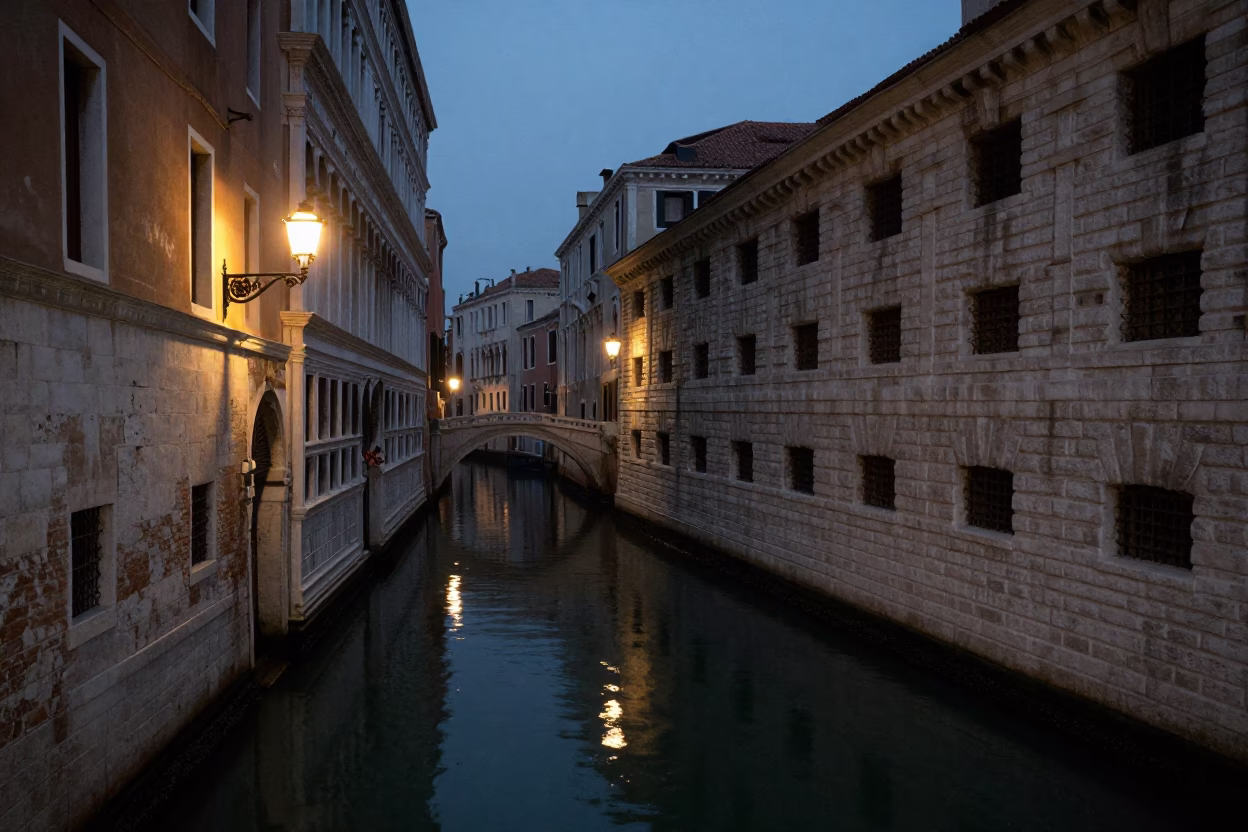 Venice Italy predawn darkness canal reflections and historic stone architecture in in Venice, Italy