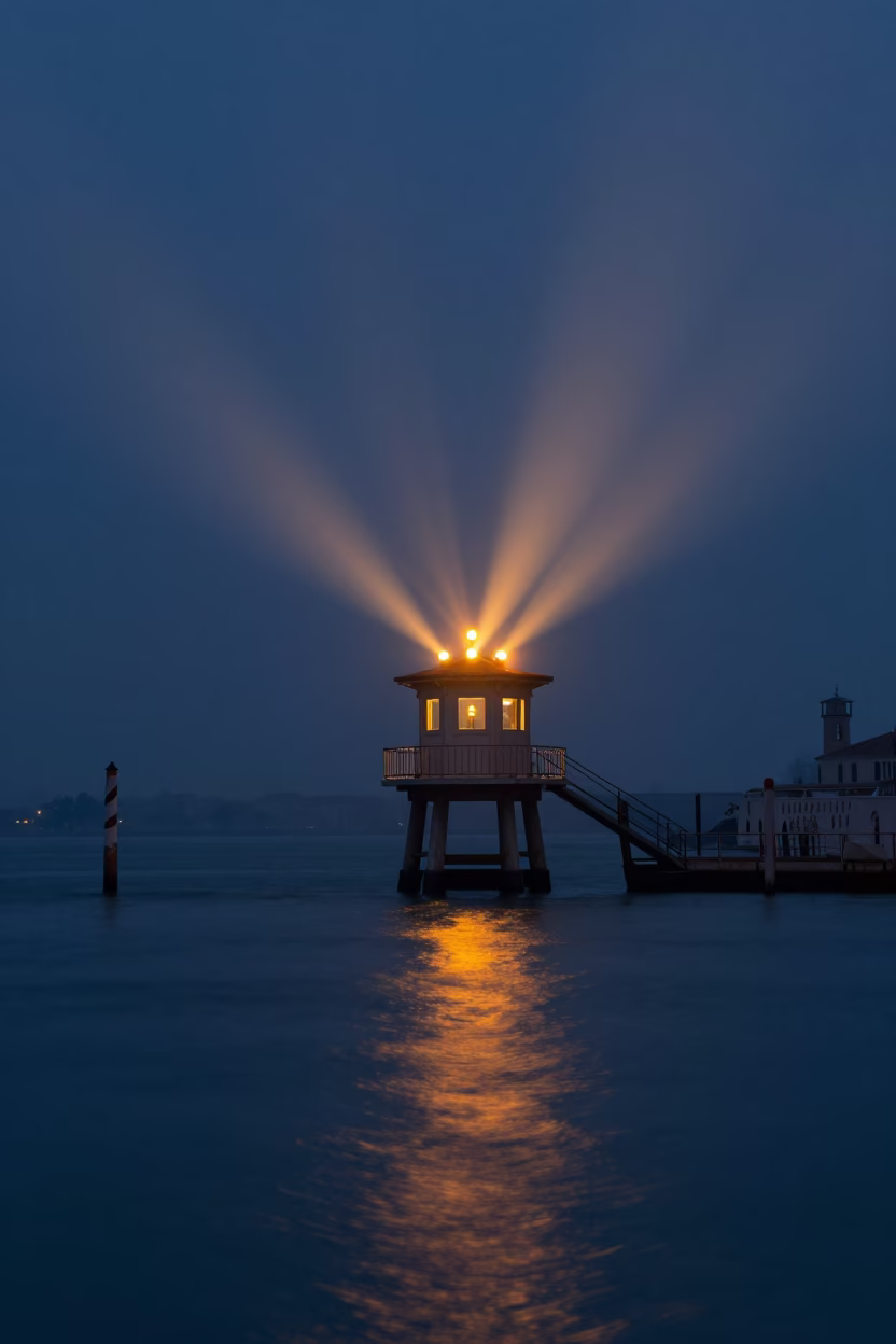 Venice Italy Predawn Darkness Dam Observation Deck Rotating Amber Beacons in in Venice, Italy