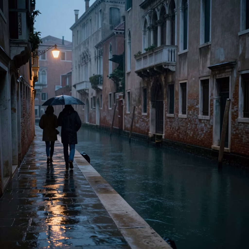 Venice Italy predawn darkness raincoats and quiet canal reflections in in Venice, Italy