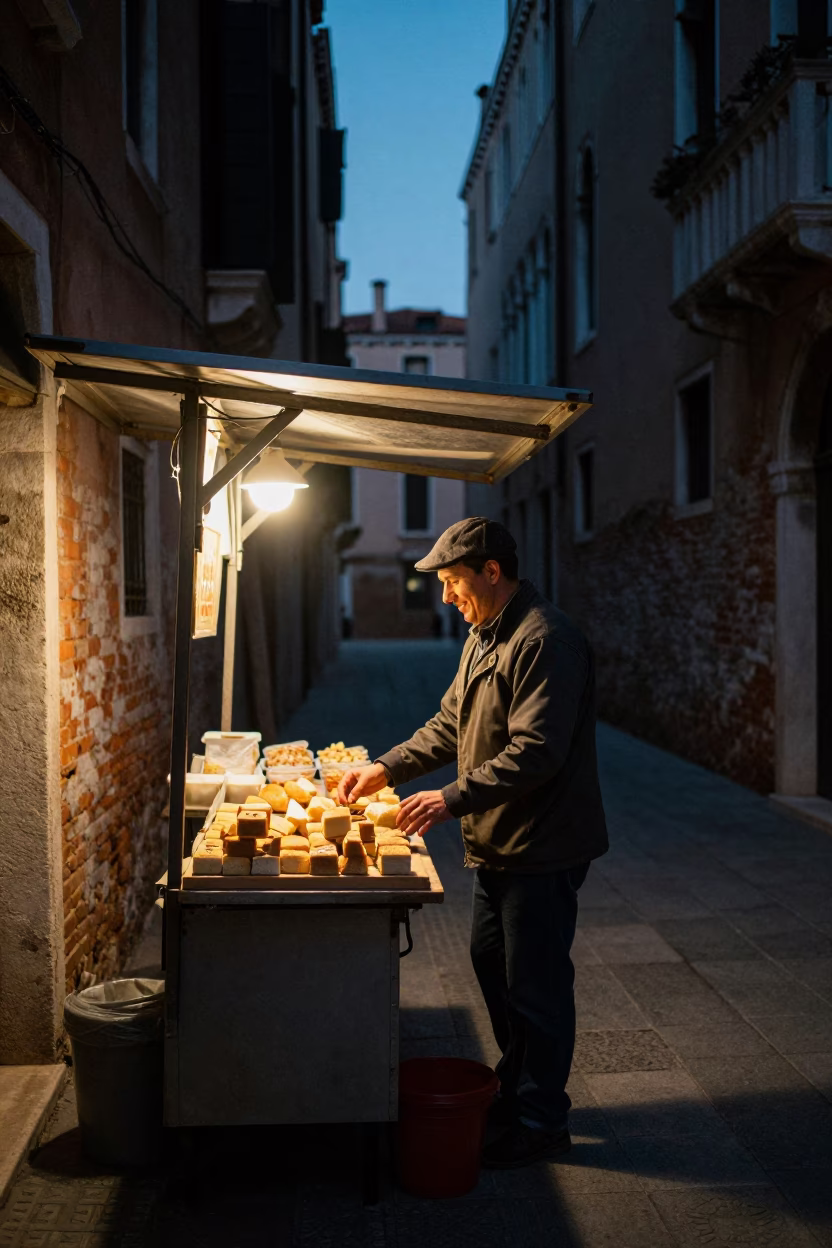 Venice Italy Predawn Street Scene with Local Vendor and Morning Light in in Venice, Italy