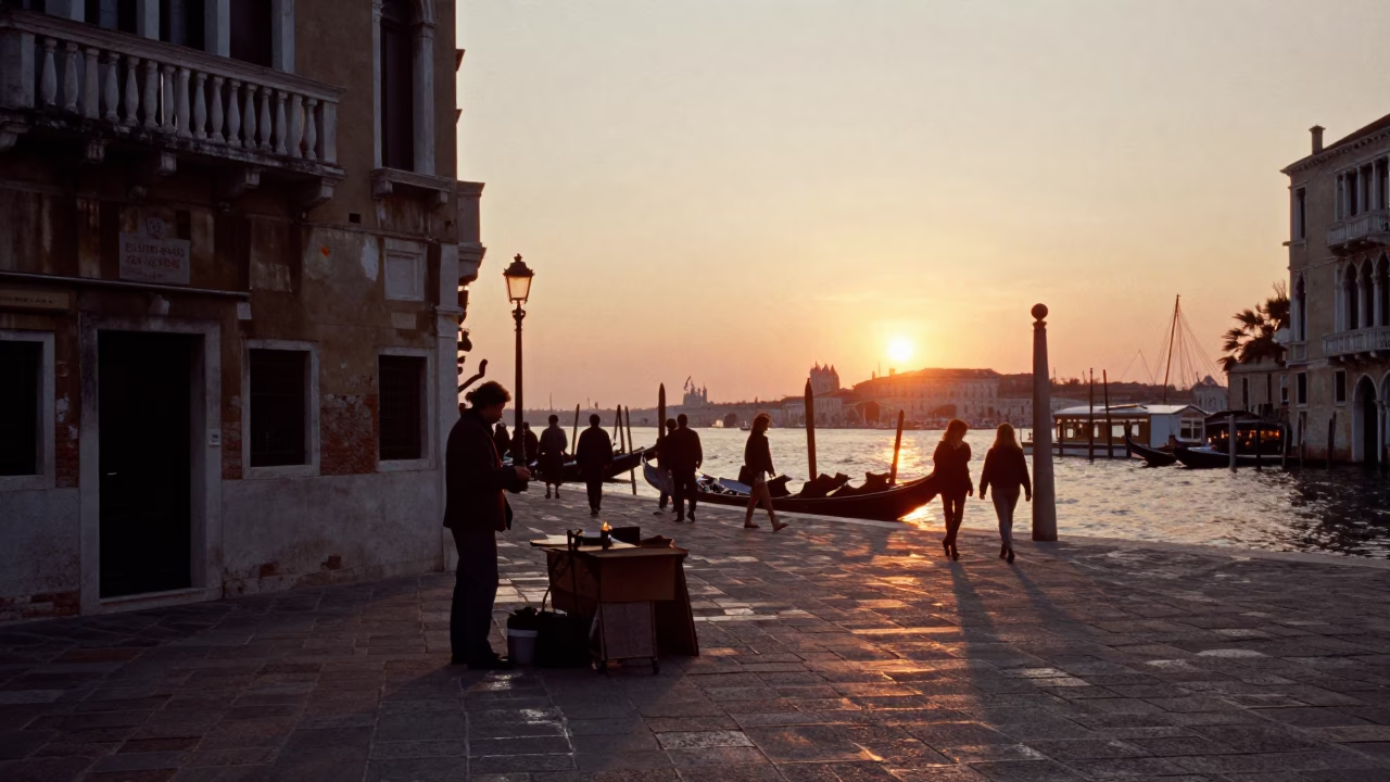 Venice Italy Street Scene at Sunset with Paint Flecks and Local Market Activity in in Venice, Italy