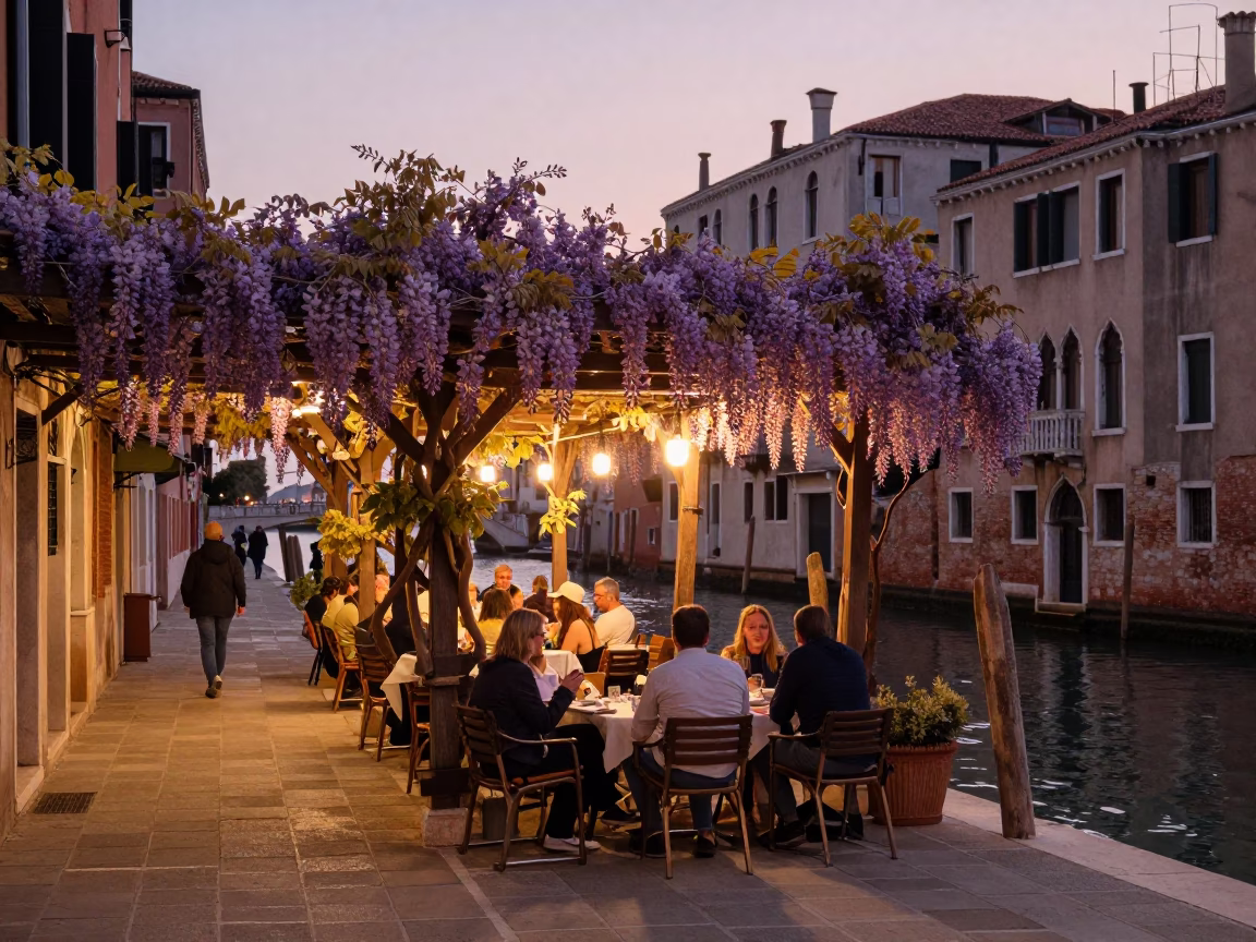 Venice Italy Street Scene Before Dusk with Wisteria and Local Life in in Venice, Italy
