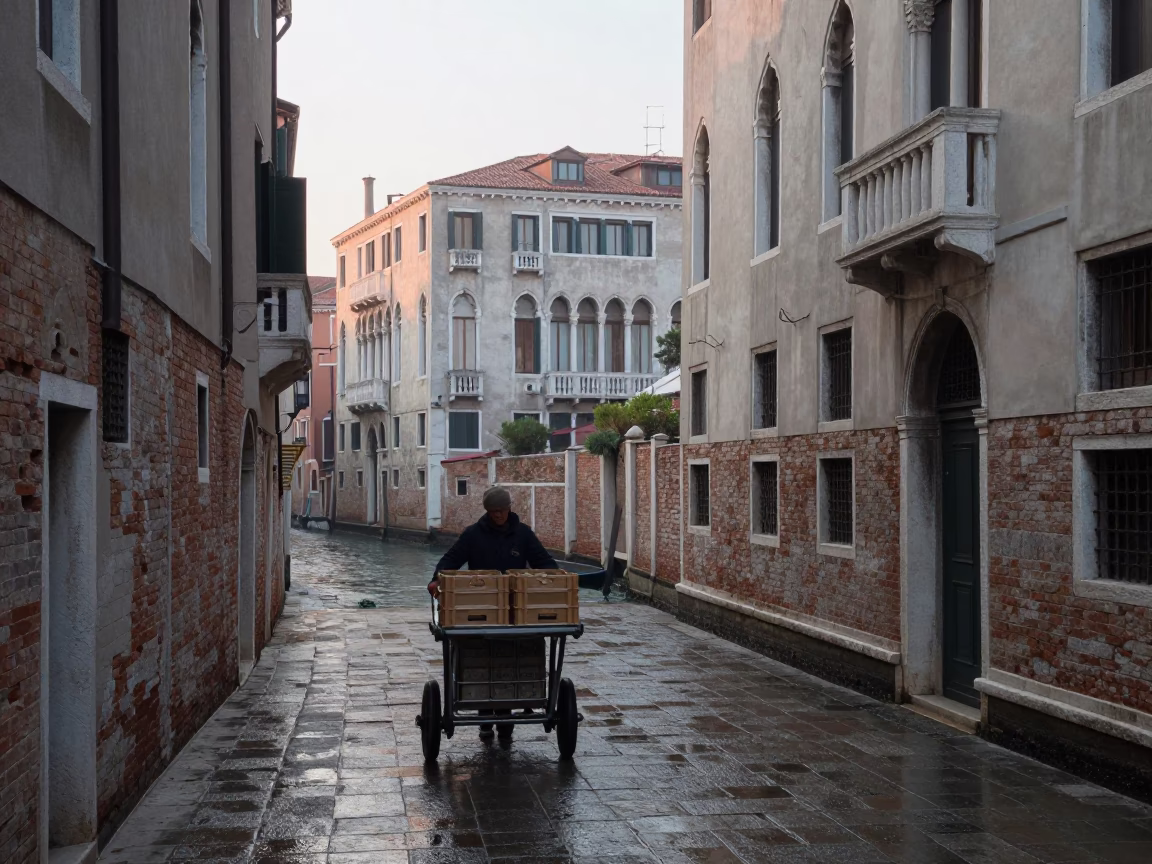 Venice Italy Sunrise Canal Rolling Carts and Stone Architecture Before Dawn in in Venice, Italy