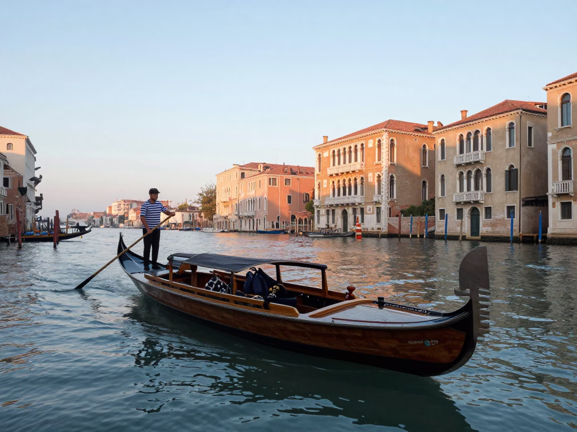 Venice Italy Sunrise Canal Scene with Wooden Boat and Water Reflections in in Venice, Italy