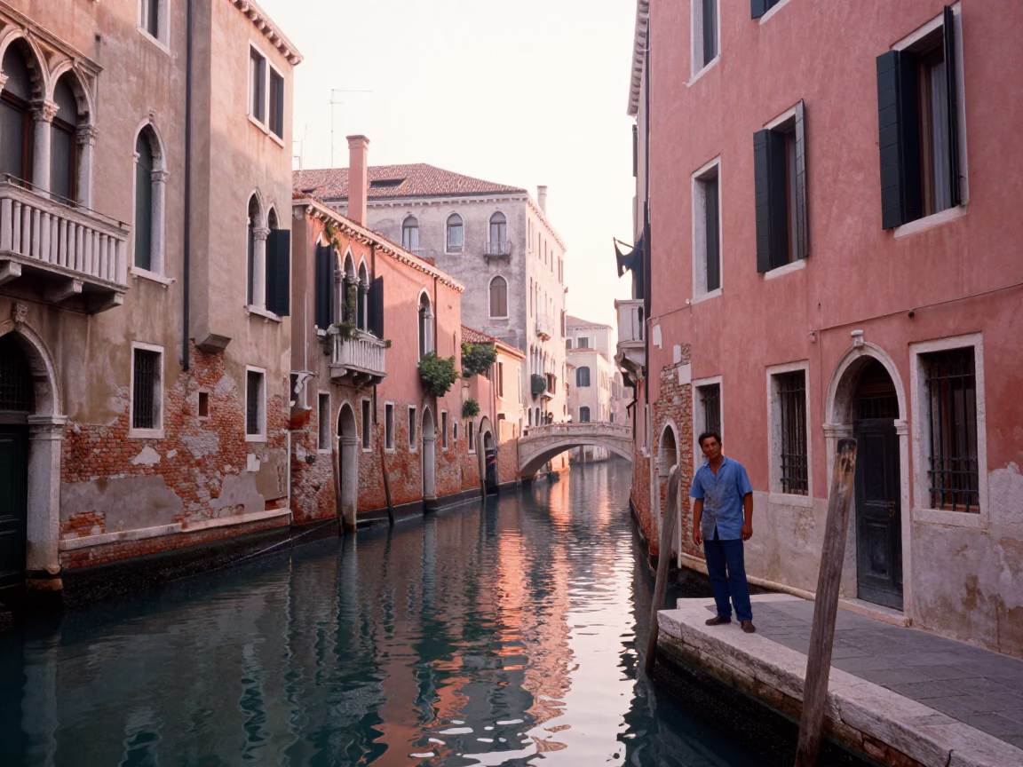 Venice Italy Sunrise Canal Scene with Worker and Traditional Architecture in in Venice, Italy
