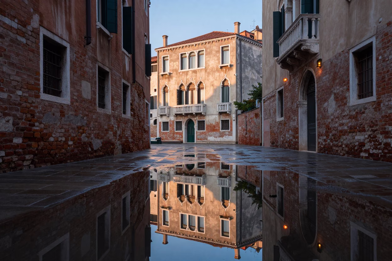 Venice Italy Sunrise Puddle Reflection Hotel Windows and Tail Lights in in Venice, Italy