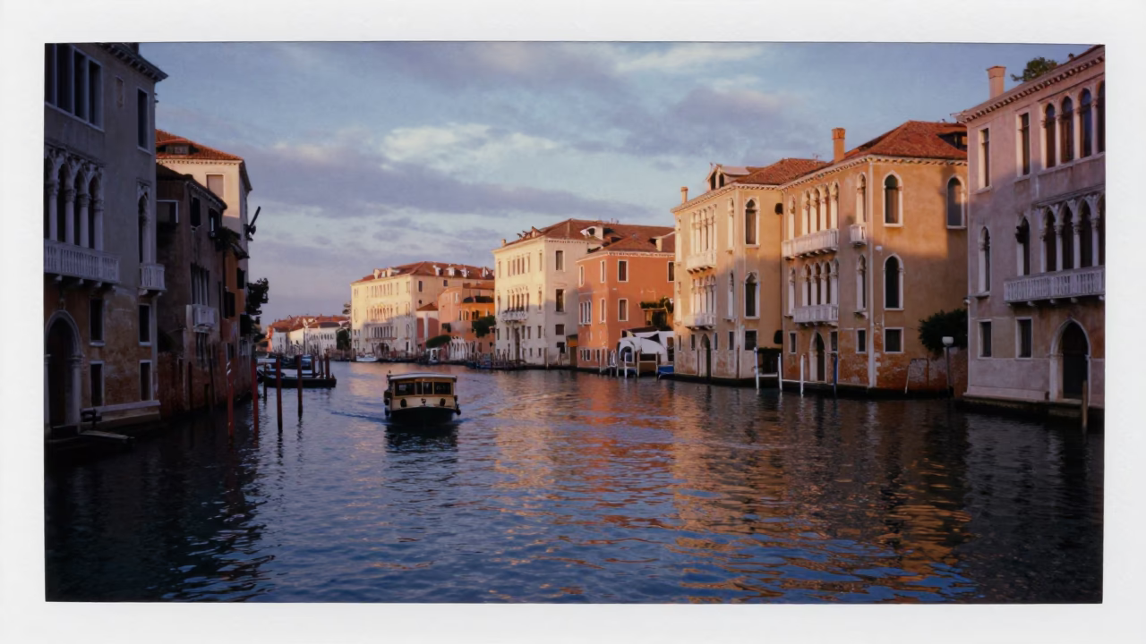 Venice Italy Sunrise Reflections on Canal Water with Hotel Windows and Tail Lights in in Venice, Italy