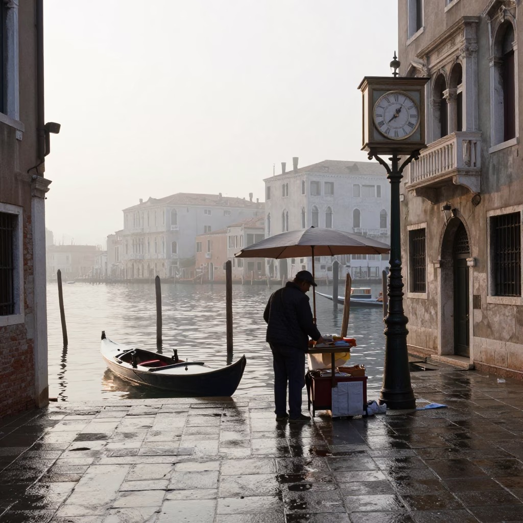 Venice Italy Sunrise Street Scene with Mantel Clock and Daily Life in in Venice, Italy