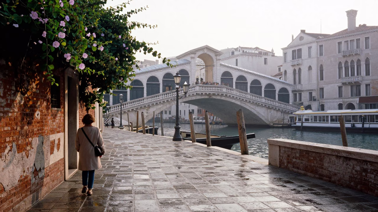 Venice Italy Sunrise Street Scene with Morning Glory Vine and Candle Holder on Balcony in in Venice, Italy