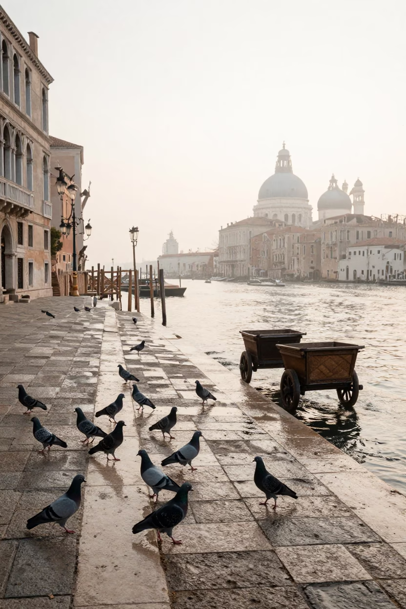 Venice Italy Sunrise Street Scene with Pigeons and Rolling Carts in in Venice, Italy
