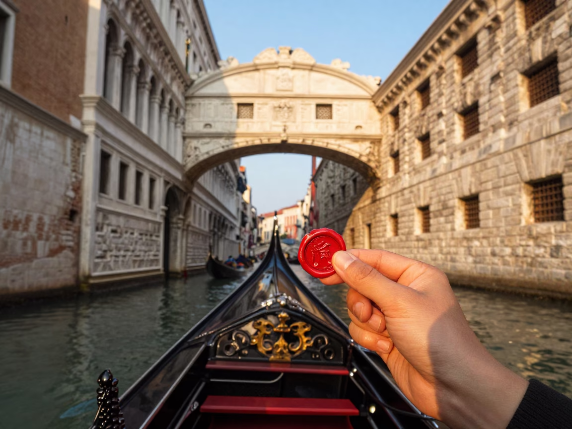 Venice Italy sunset bridge gondola passenger holding wax seal near wooden oar in in Venice, Italy