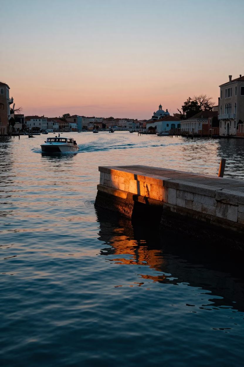 Venice Italy Sunset Bridge Pier Reflections and Canal Activity in in Venice, Italy