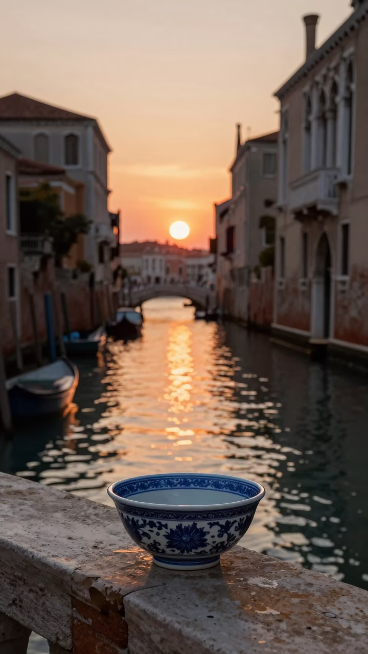 Venice Italy sunset canal scene with blue white porcelain bowl and wicker shadow in in Venice, Italy