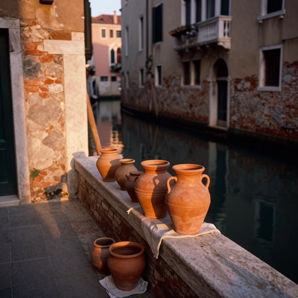 Venice Italy Sunset Canal Scene with Clay Pots and Linen Fringe in in Venice, Italy