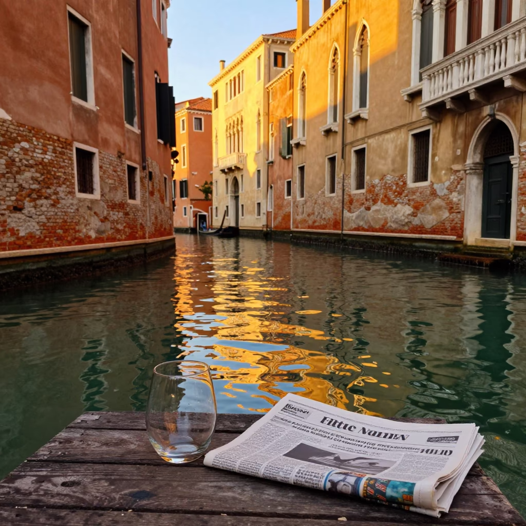 Venice Italy Sunset Canal Scene with Glass Carafe and Newspaper Stack in in Venice, Italy