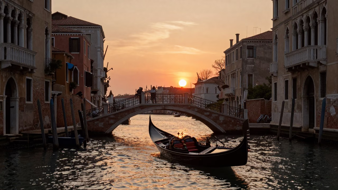 Venice Italy Sunset Canal Scene with Gondola and Bridge at Dusk in in Venice, Italy