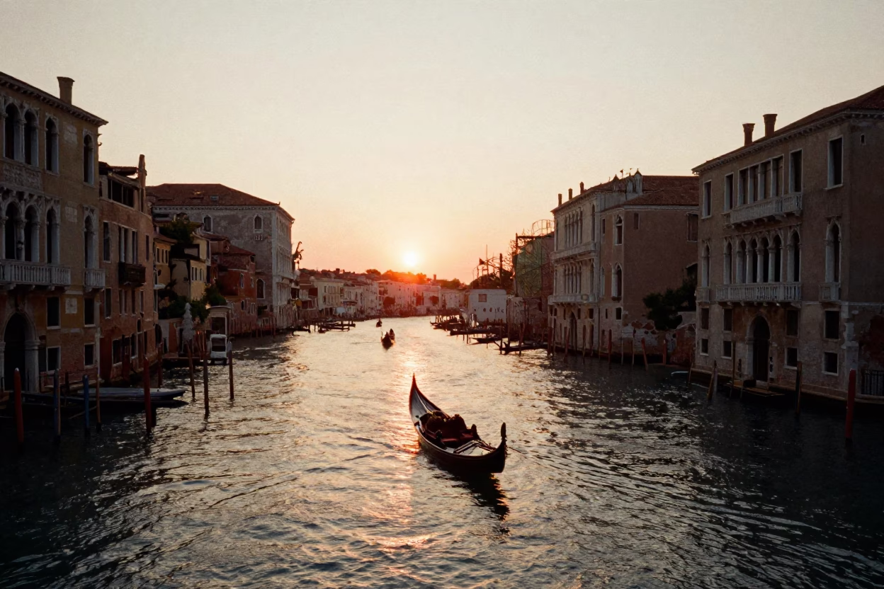 Venice Italy Sunset Canal Scene with Gondola and Historic Architecture in in Venice, Italy