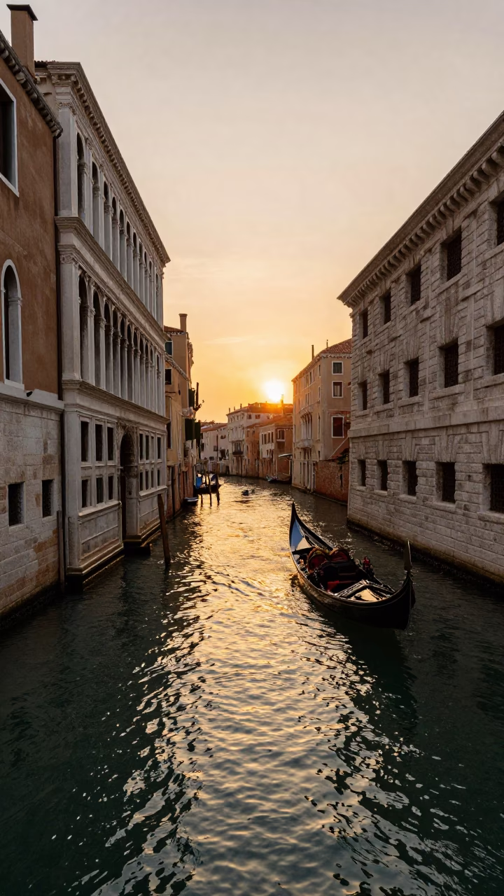 Venice Italy Sunset Canal Scene with Gondola and Historic Stone Architecture in in Venice, Italy