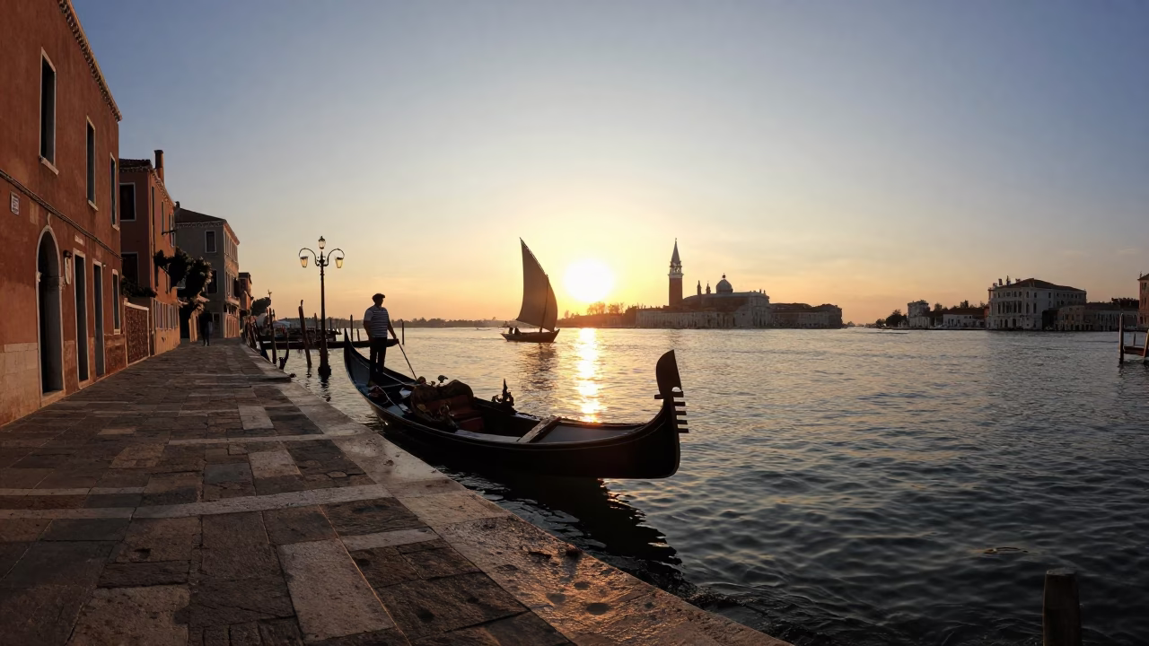 Venice Italy Sunset Canal Scene with Gondola and Local Life in in Venice, Italy