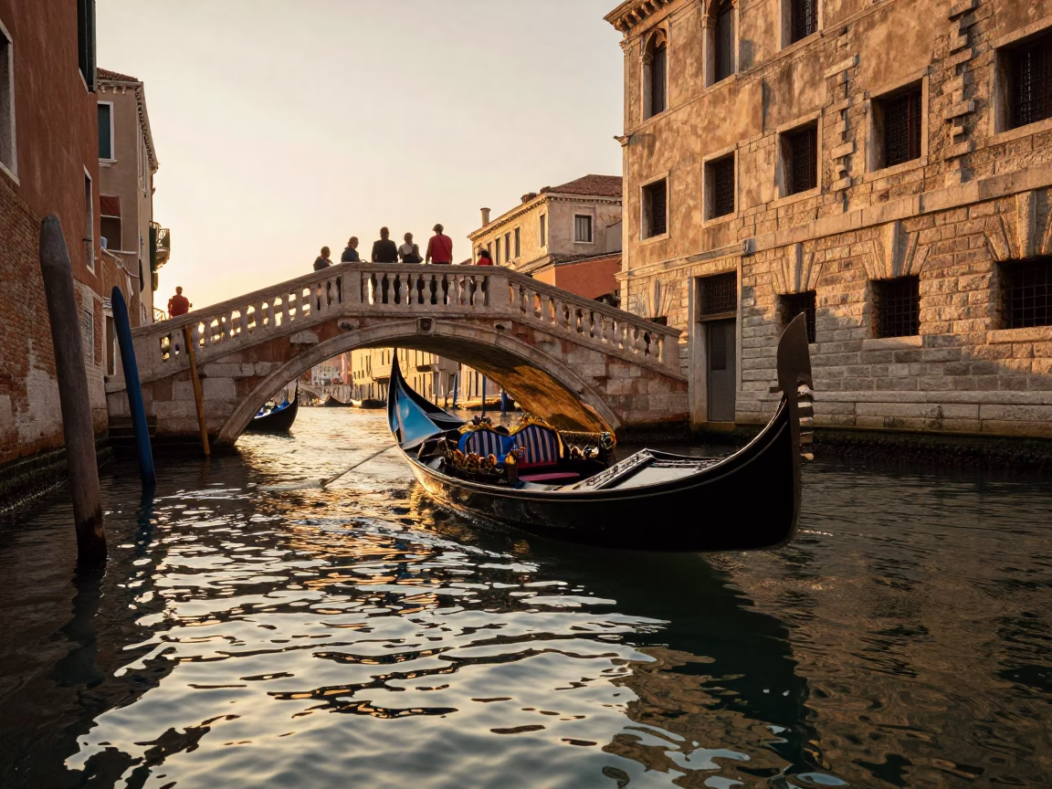 Venice Italy Sunset Canal Scene with Gondola and Tourists in in Venice, Italy
