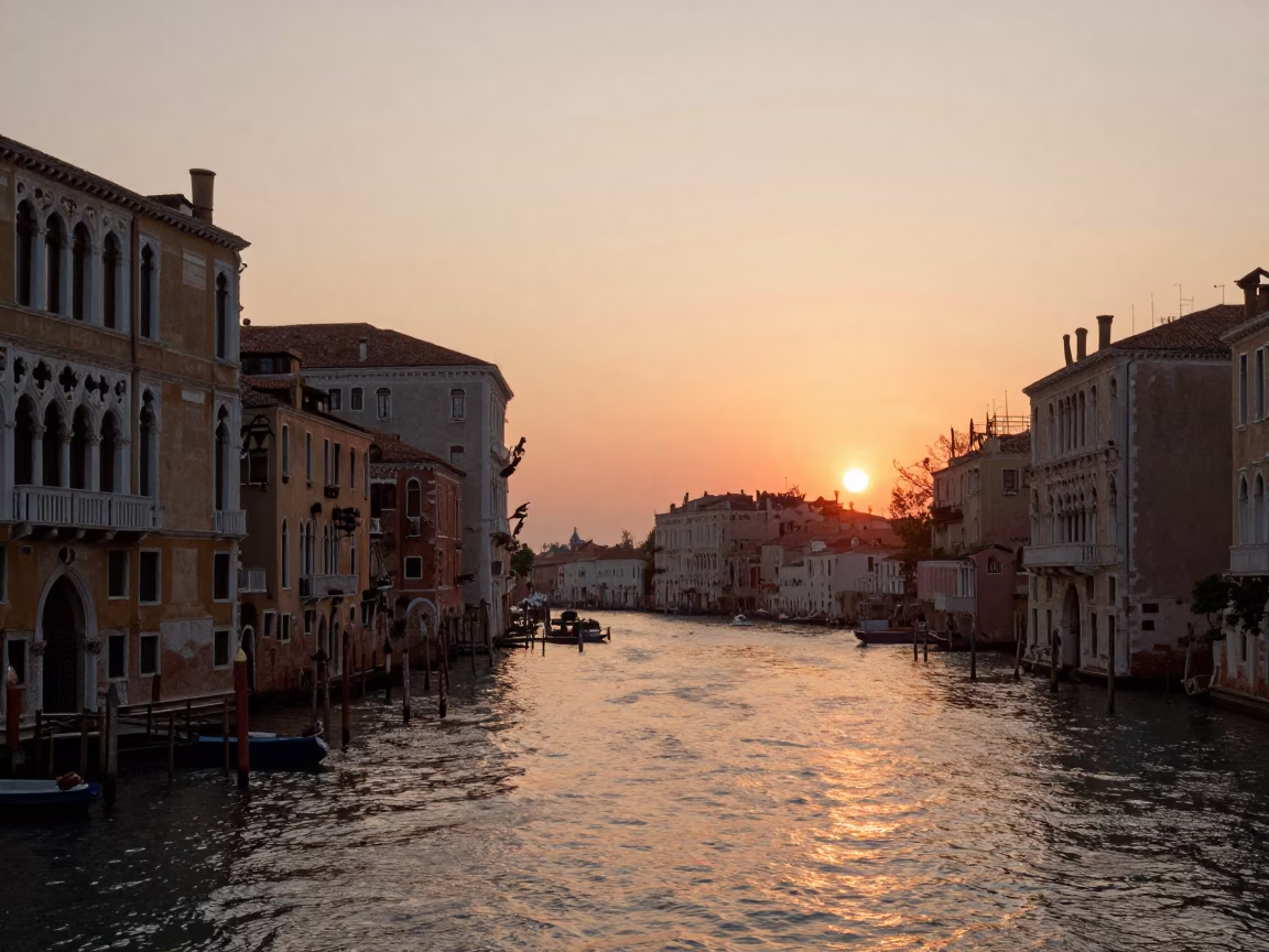 Venice Italy sunset canal scene with historic architecture and water reflections in in Venice, Italy