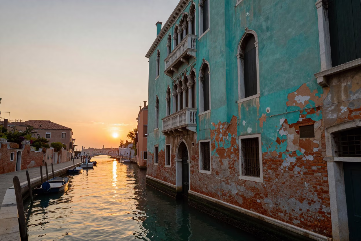 Venice Italy sunset canal scene with peeling turquoise paint on historic building facade in in Venice, Italy