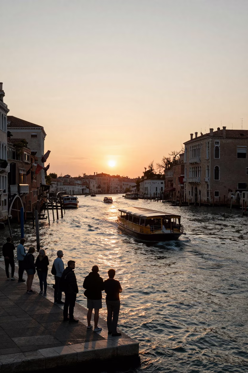 Venice Italy Sunset Canal Scene with Tourists and Boats in in Venice, Italy