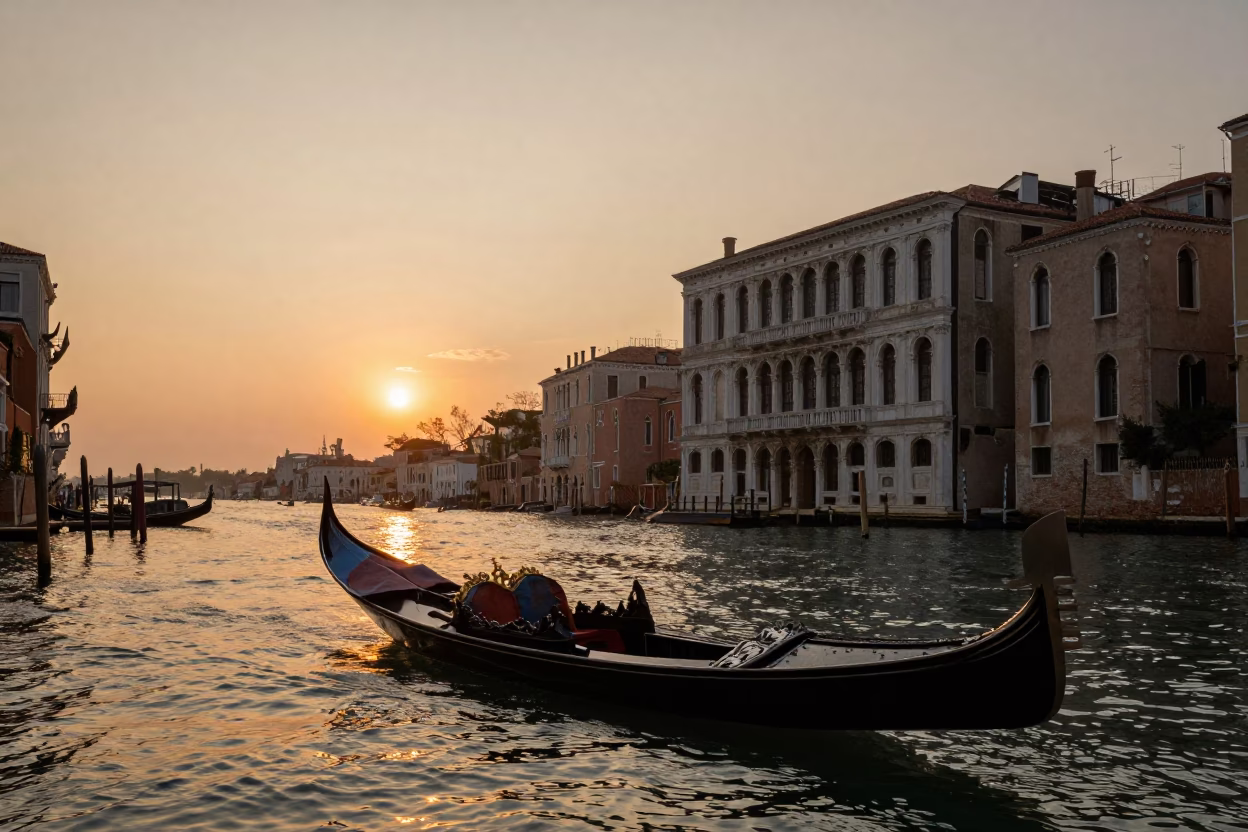 Venice Italy Sunset Canal Scene with Traditional Gondola and Historic Architecture in in Venice, Italy