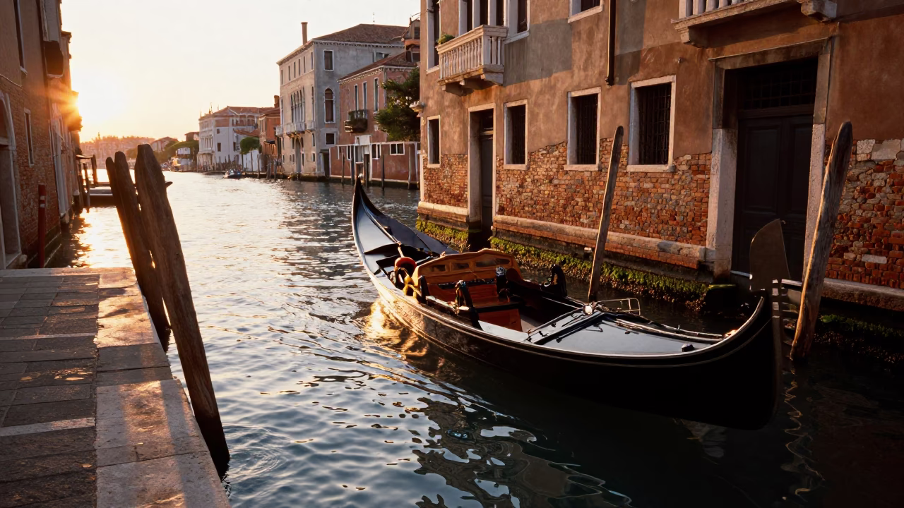 Venice Italy Sunset Canal Scene with Wooden Boat and City Reflections in in Venice, Italy