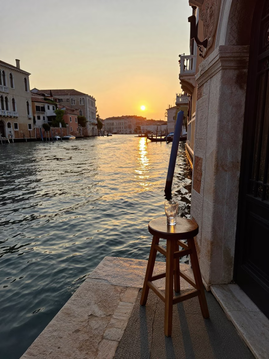 Venice Italy Sunset Canal Scene with Wooden Stool and Glass Display Cabinet in in Venice, Italy