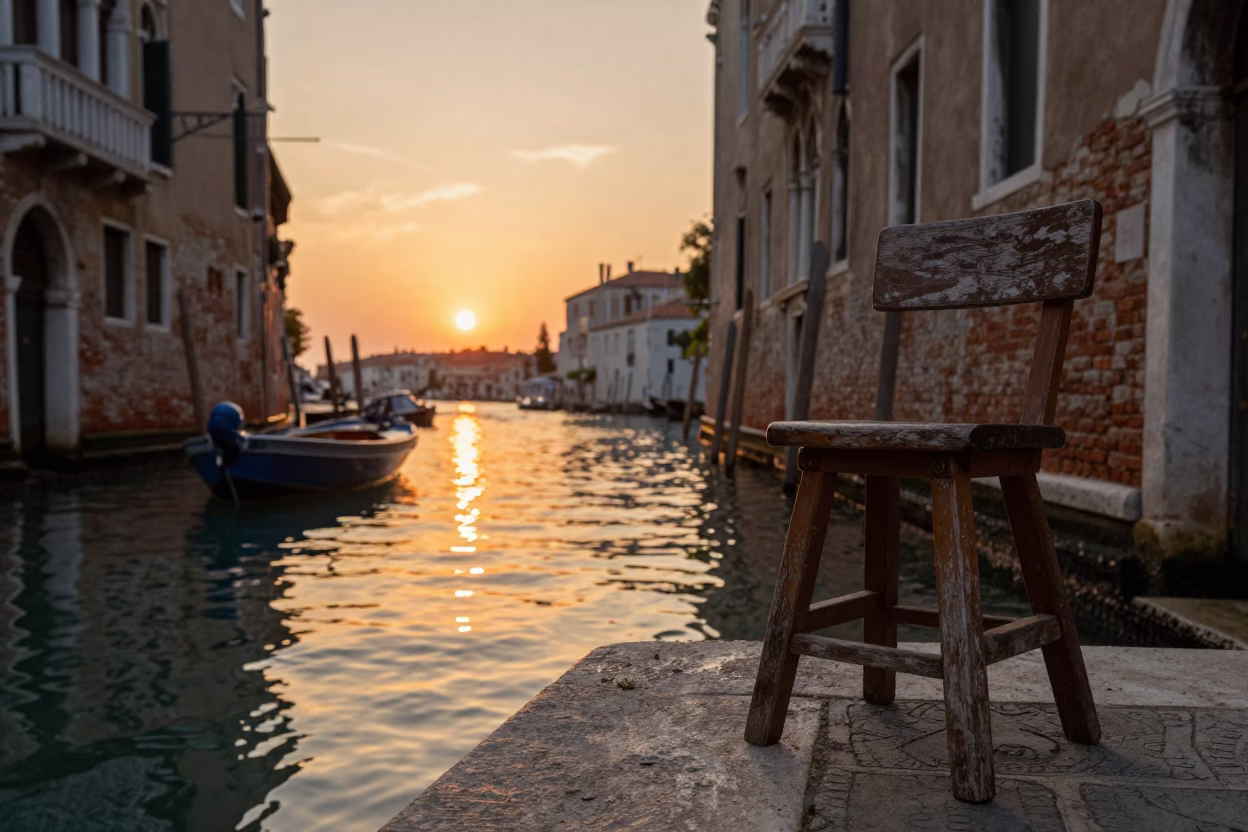 Venice Italy Sunset Canal Scene with Wooden Stool and Local Interaction in in Venice, Italy