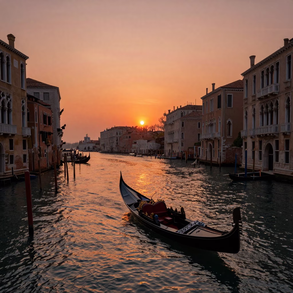 Venice Italy Sunset Canal View with Gondola and Historic Architecture in in Venice, Italy