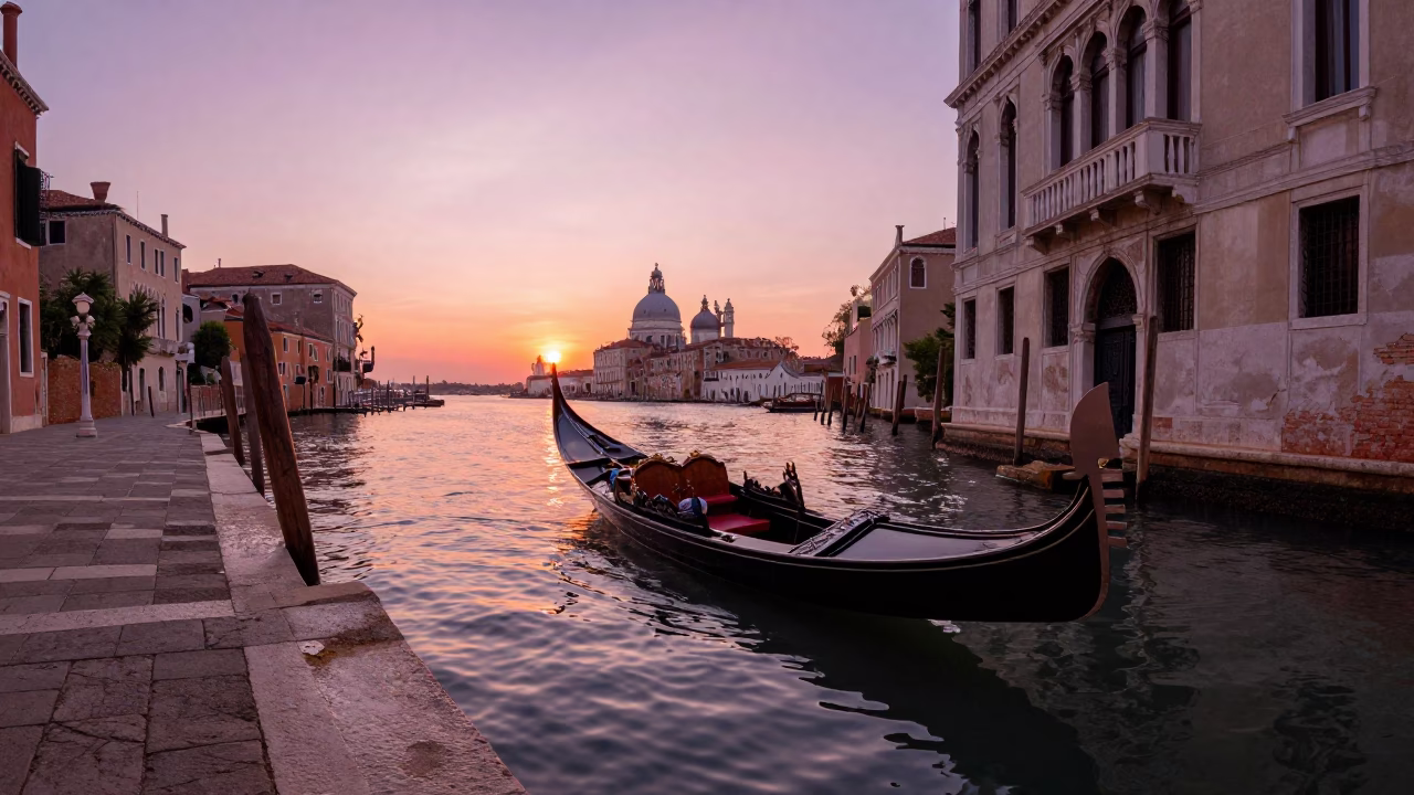 Venice Italy Sunset Canal View with Wooden Gondola and Historic Architecture in in Venice, Italy