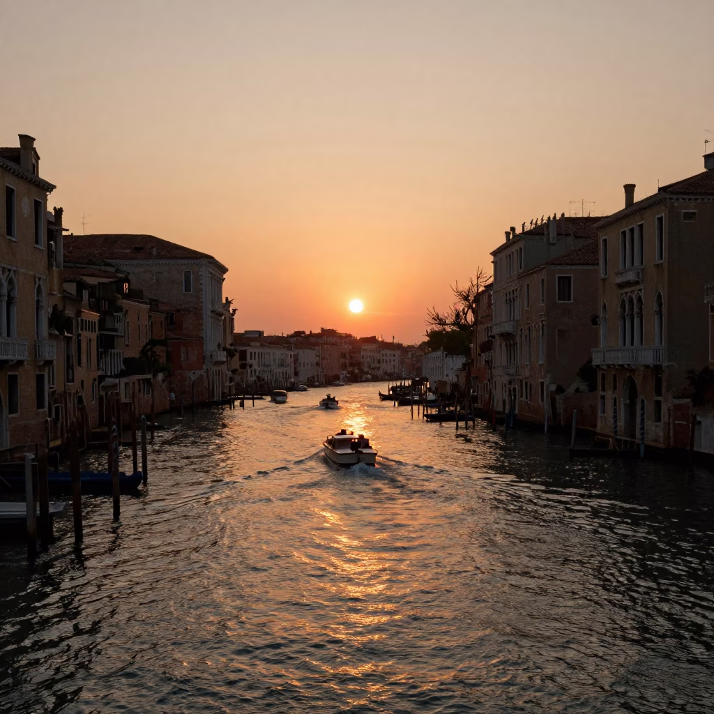 Venice Italy Sunset Golden Hour Canal View with Tourists and Boats in in Venice, Italy