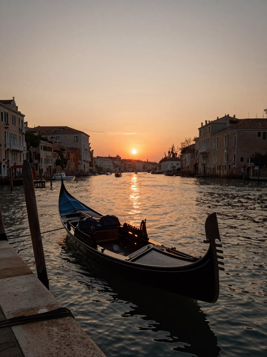 Venice Italy Sunset Golden Hour Wooden Fishing Boat Gondolas and Water Reflections in in Venice, Italy