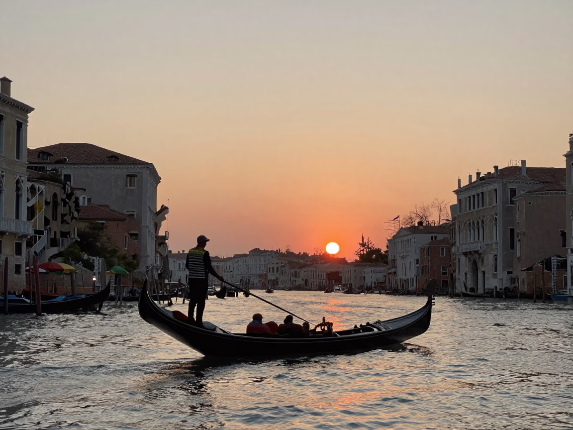 Venice Italy Sunset Gondola Ride with Colorful Umbrellas and Historic Canal Architecture in in Venice, Italy