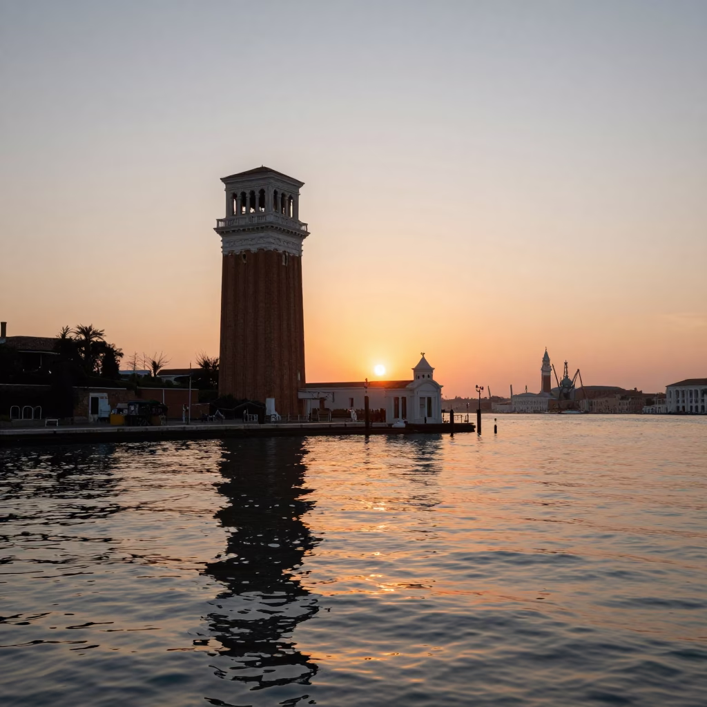 Venice Italy Sunset Harbor Reflections with Drawbridge Tower and Oil Sheen Water in in Venice, Italy