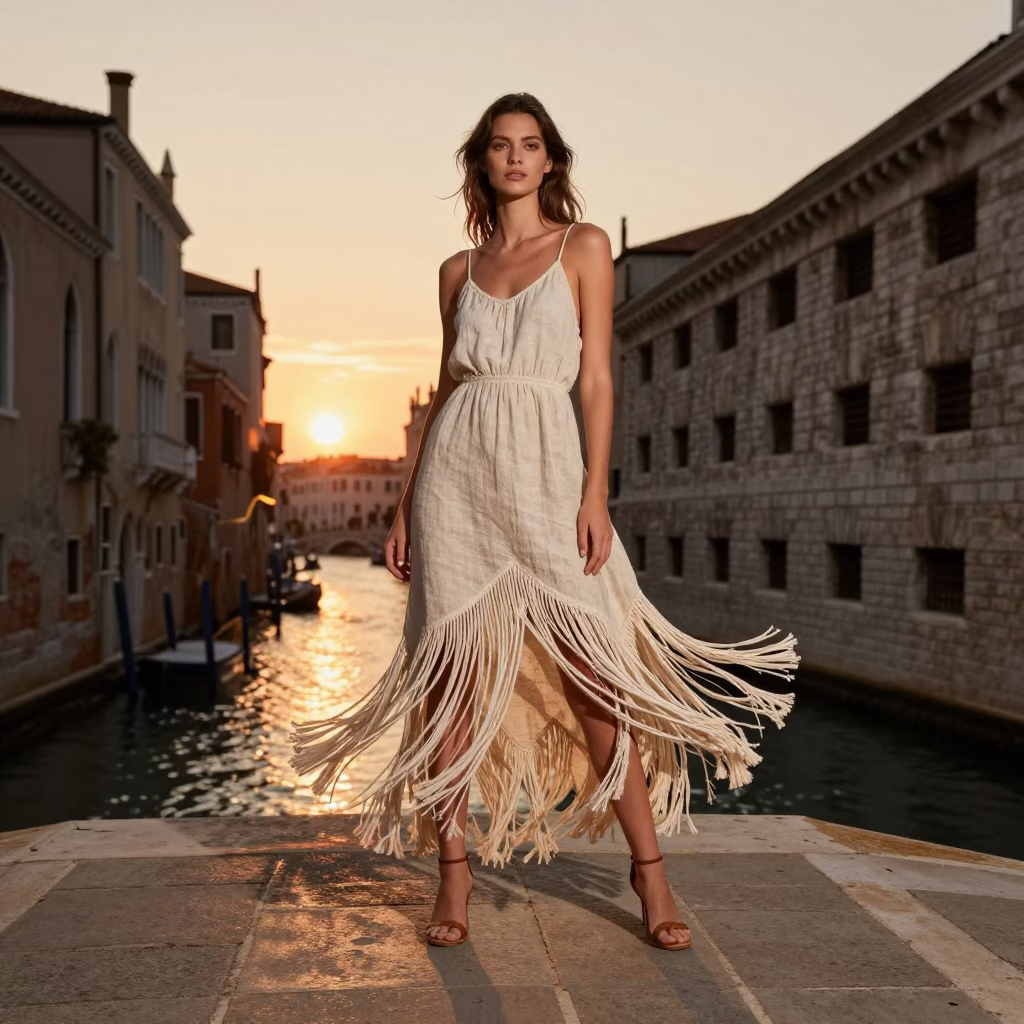 Venice Italy Sunset High Fashion Model in Linen Fringe Dress Near Crumbling Weather Station in in Venice, Italy