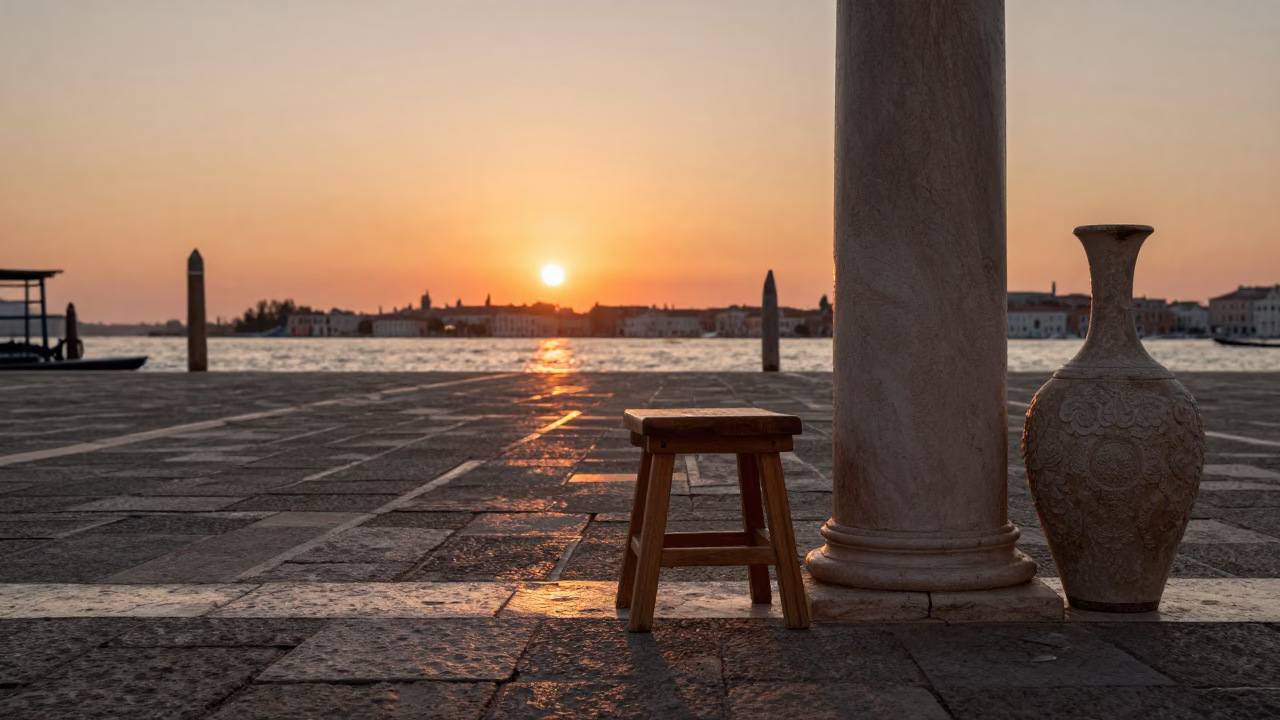 Venice Italy Sunset Horizon Shot Stool and Vase in Historic Piazza in in Venice, Italy
