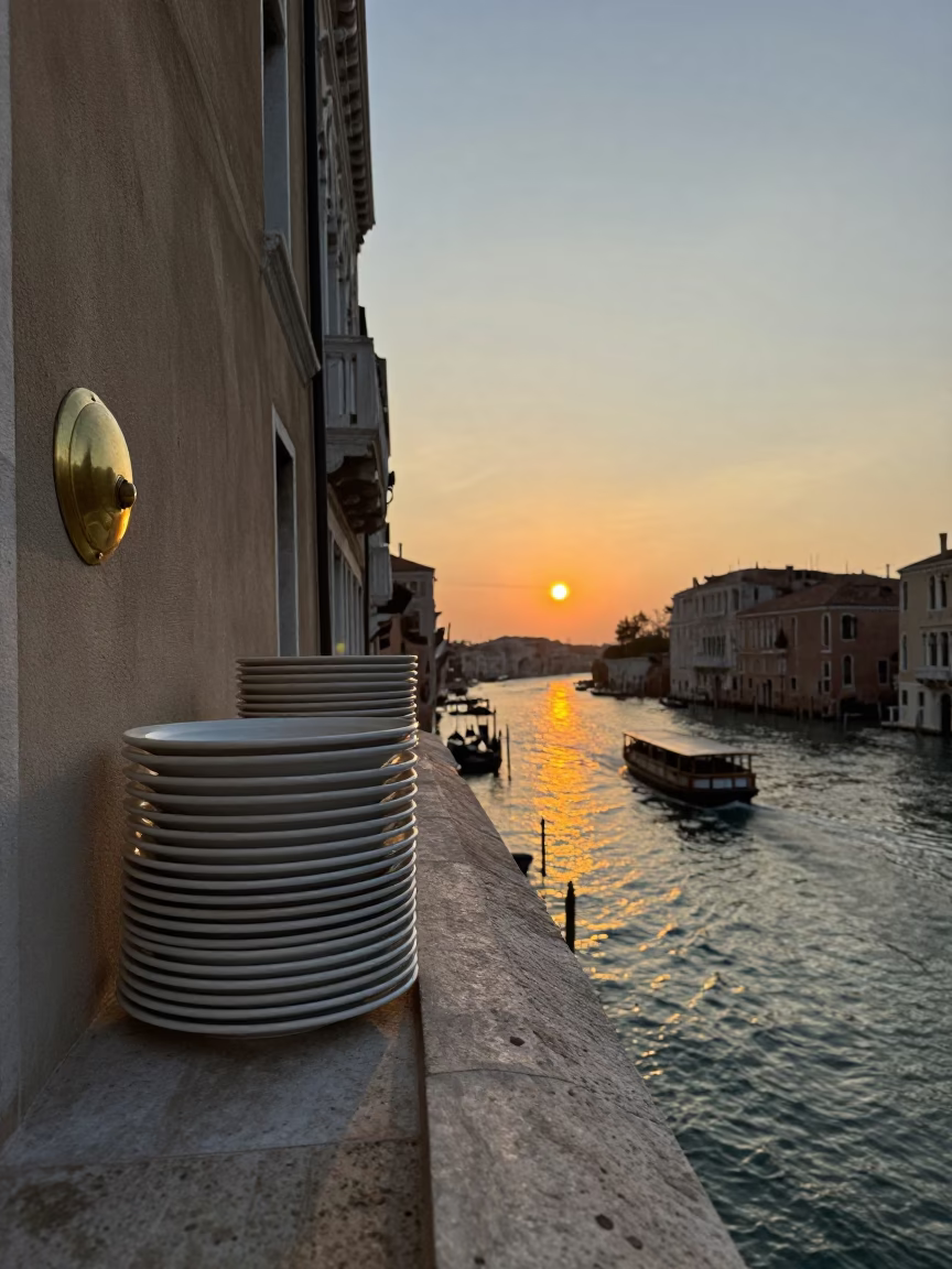Venice Italy Sunset Stacked Plates and Brass Escutcheon on Historic Canal Balcony in in Venice, Italy