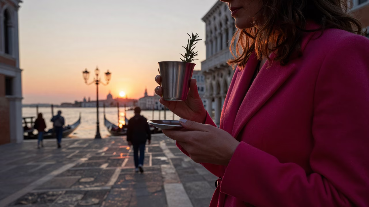 Venice Italy Sunset Staircase Rosemary Sprigs Brushed Steel Cup High Fashion 1980s Style in in Venice, Italy