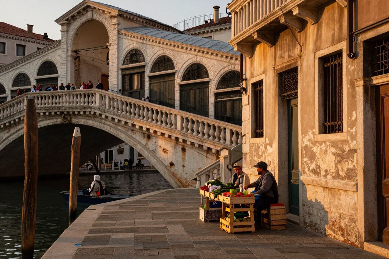 Venice Italy Sunset Street Scene with Dented Metal and Local Life in in Venice, Italy