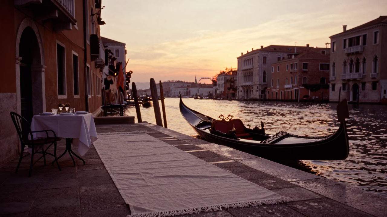 Venice Italy Sunset Street Scene with Linen Fringe Runner and Traditional Architecture in in Venice, Italy