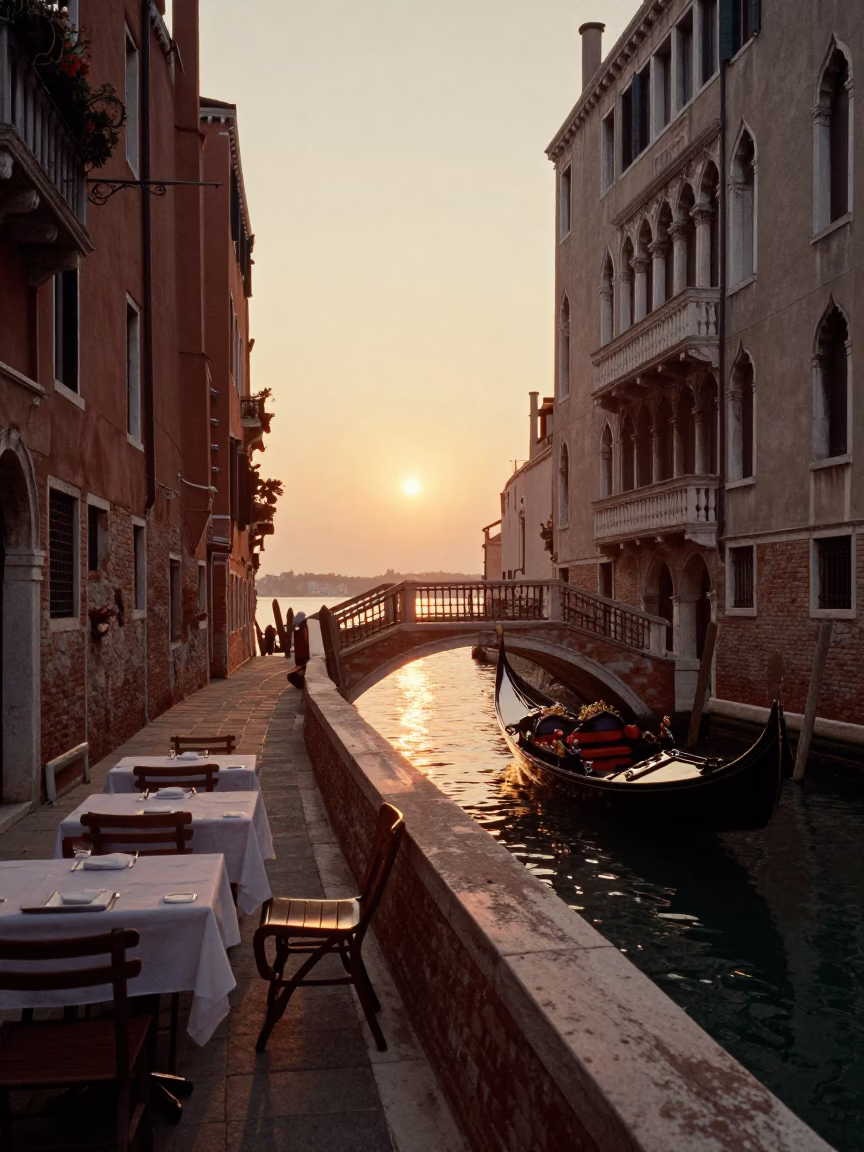 Venice Italy Sunset Street Scene with Local Dining and Historic Architecture in in Venice, Italy