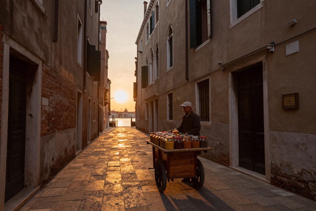 Venice Italy Sunset Street Scene with Local Market Spice Jars in in Venice, Italy
