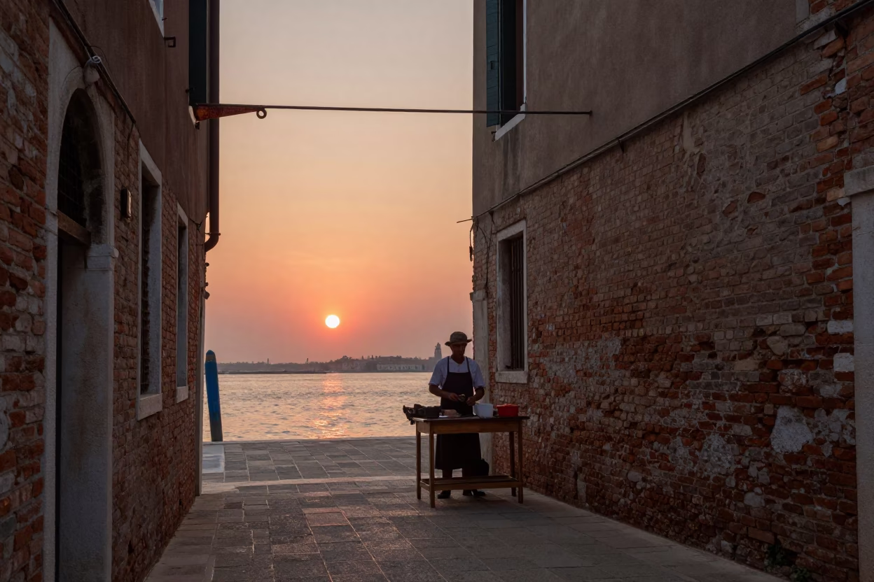 Venice Italy Sunset Street Scene with Rusty Hinge and Local Vendor in in Venice, Italy