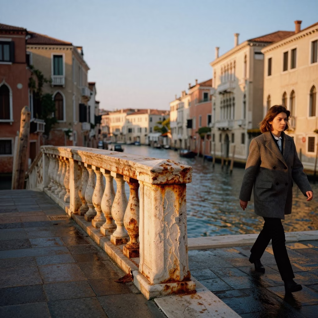 Venice Italy Sunset Street Scene with Rusty Rail and Local Life in in Venice, Italy