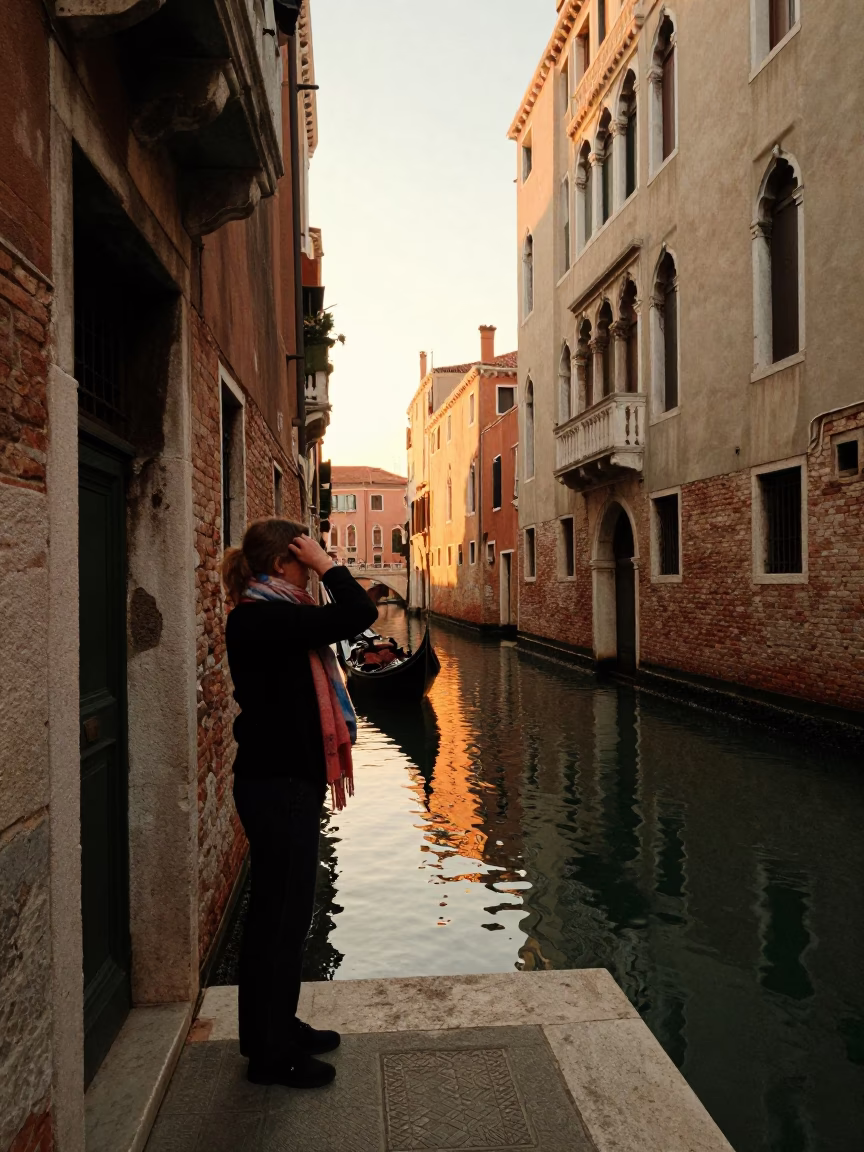Venice Italy Sunset Street Scene with Scarf and Canal Reflections in in Venice, Italy