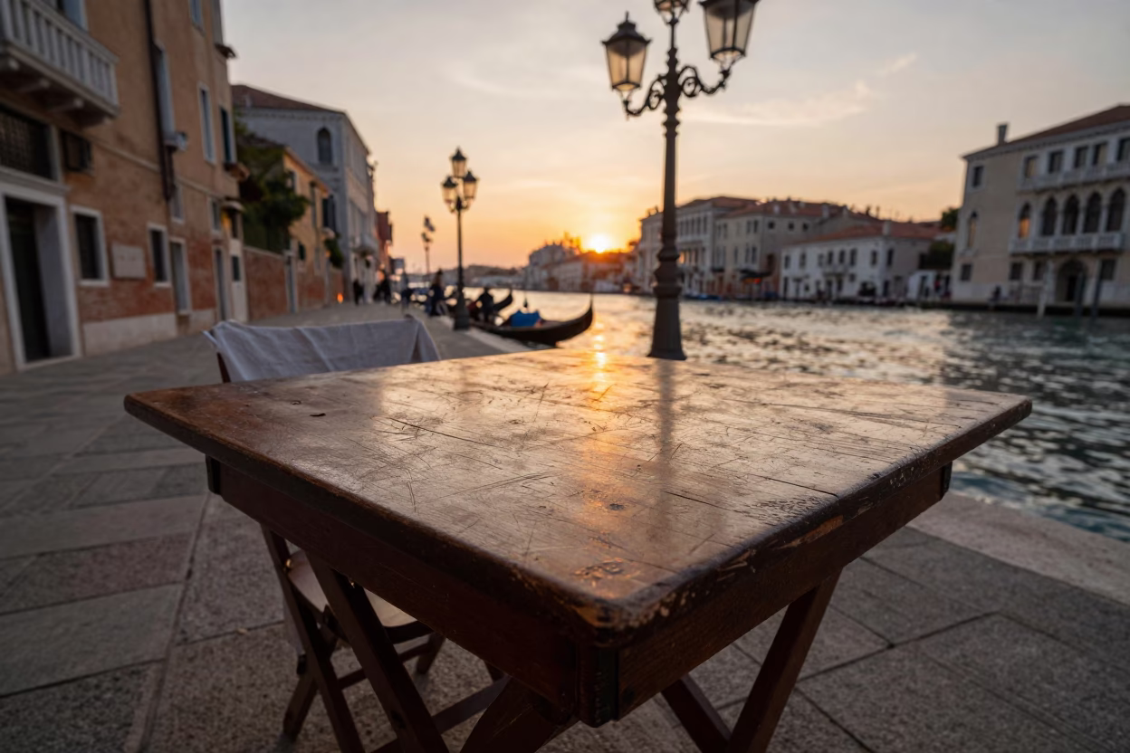 Venice Italy Sunset Street Scene with Scratched Table and Linen Fringe Details in in Venice, Italy
